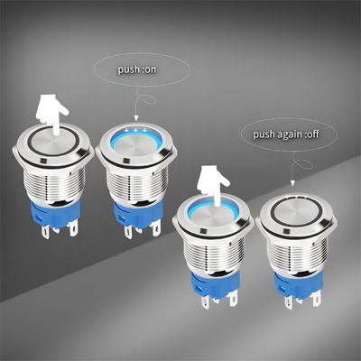 22mm LED Iluminado Retorno automático Bloqueo de metal Push Button Conmutador Con conector En el interruptor de apagado Símbolo de alimentación A prueba de agua IP65