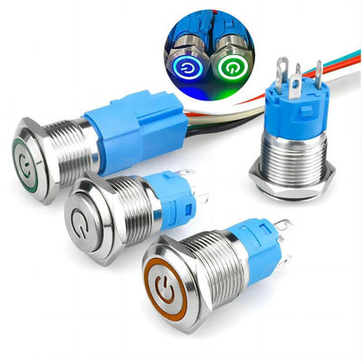 16mm Temporario Bloqueo de alta corriente LED Iluminado IP67 Impermeable Botón de empuje de metal 10A Autobloqueo con alambre